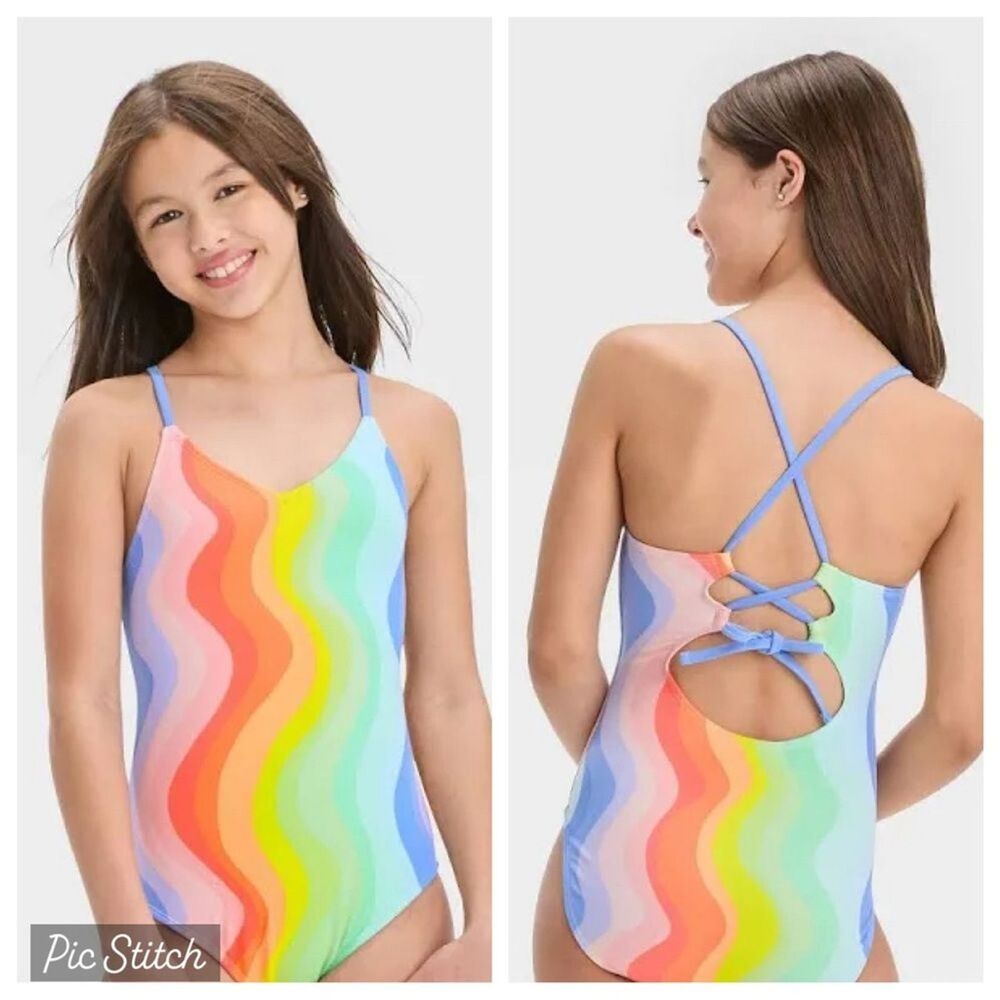 Art Class Target Girls Striped Wavy Fun One Piece Swimsuit NEW Size XL